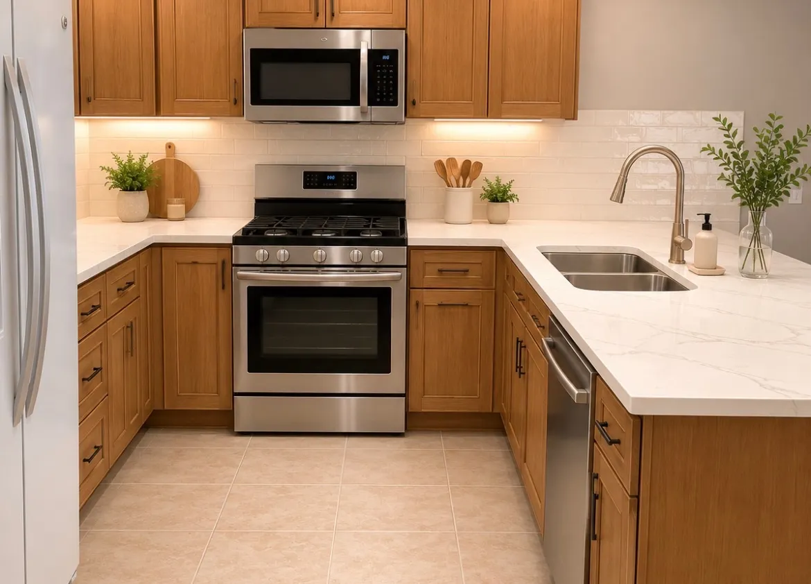 Completed kitchen remodel by My-Key Tile & Flooring: quartz countertops, tile backsplash, and new appliances