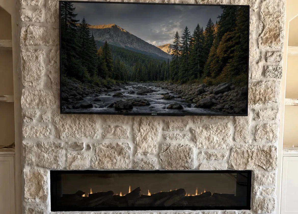 Completed stone fireplace wall with mounted TV and linear fireplace lit